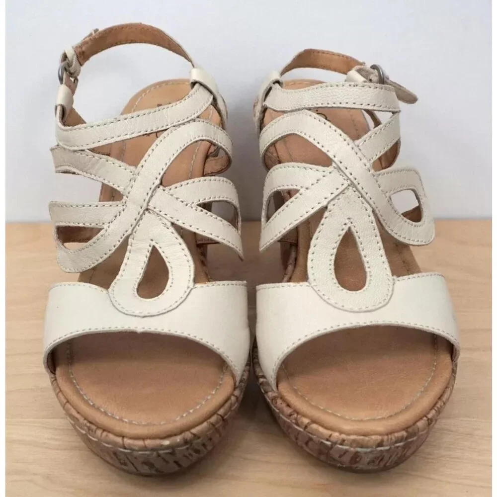 BOC Born Concept Beige Tan Cork Wedge High Heel Sandals Size 8 M